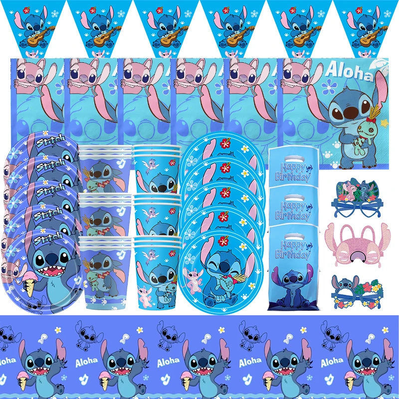 Stitch Party Supplies für Kinder Lilo und Stitch Geburtstag Party Dekorationen Luftballons Banner Tischdecke Hintergrund Geschirr.