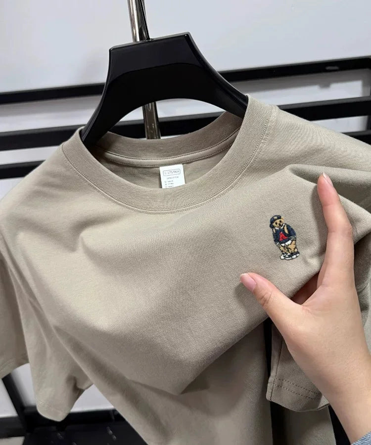 Light luxury 100% cotton men's T-shirt short sleeve round neck skin friendly comfort fashion brand cartoon bear embroidered top