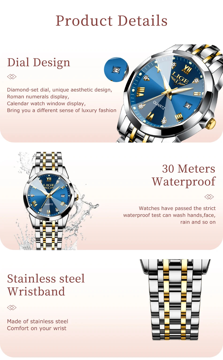 LIGE Elegant Ultrathin Nordic Simple Style Quartz Movement Women's Wristwatch Fashion Stainless Steel Bracelet Belt Woman Watch.