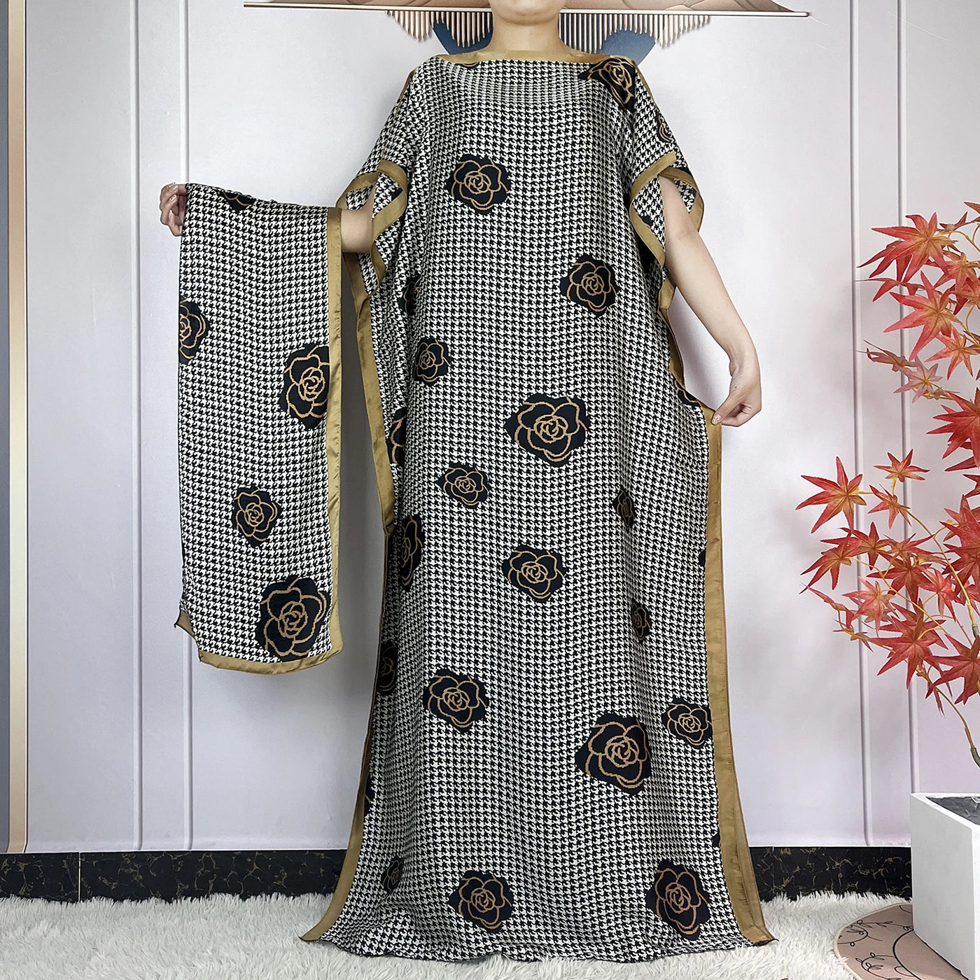 2024 New Dubai Summer Fashion For Women Printed Silk Soft Loose Femme Robe African Islam Maxi Woman Casual Dresses With Turban