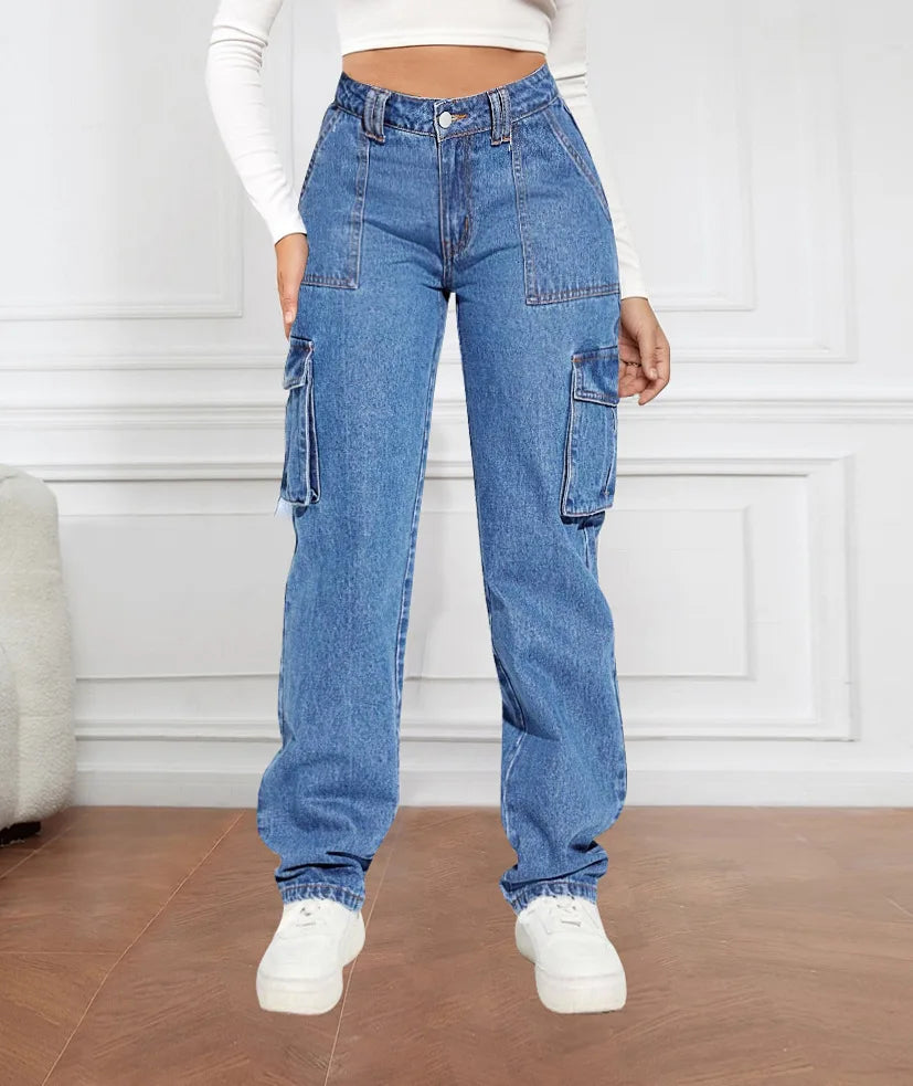 Street Style Casual Wide Leg Jeans Multiple Pockets High Waist Straight Cut Non-Stretch Denim for Women Trendy Autumn 2025.