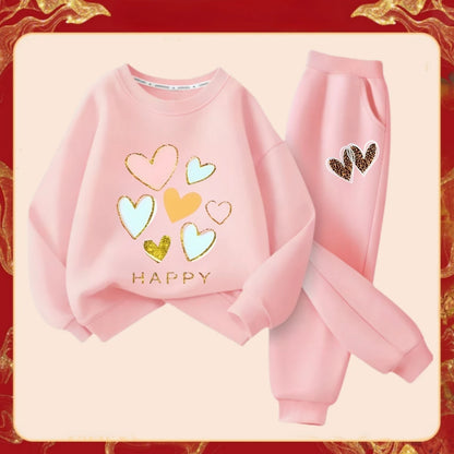 Spring Children Clothes Set Kid Girls Sweet Sweatshirts Pullover Top And Pants 2 Pieces Suit Heart Print Long Sleeve Tracksuits.