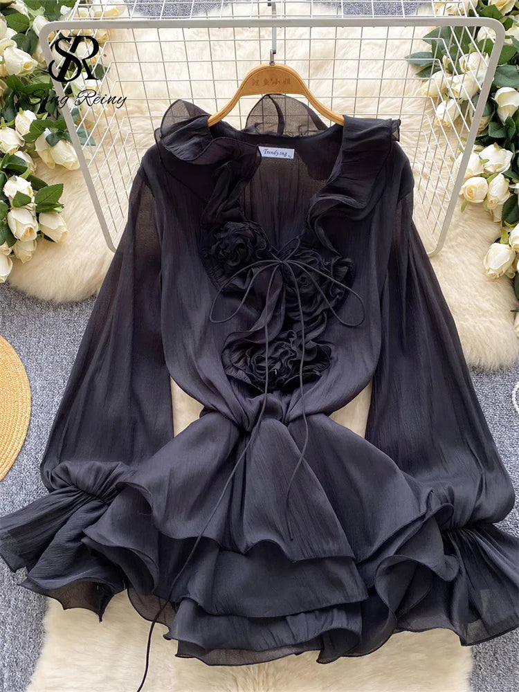 SINGREINY 3D Floral Strand Kurzes Kleid Weibliche Lange Ärmel Spitze Up Rüschen Chiffon Kuchen Sommerkleid Sheer Sexy Vintage Bohemian Kleid