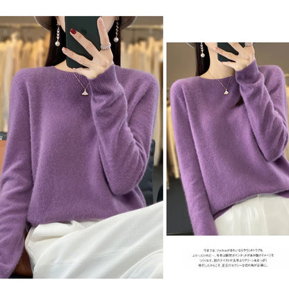 100% Merino Wool Sweater Women O-neck Cashmere Knitwear Female Pullover Autumn Winter Casual Tops Solid Color Soft  Clothing