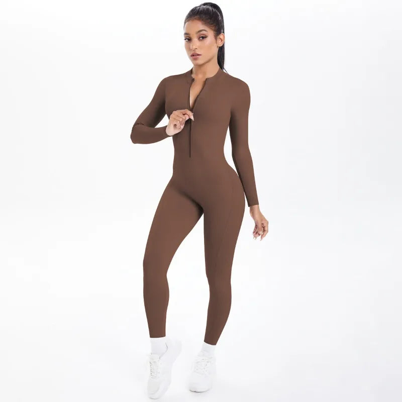 Women's Long Yoga Bodysuit with Half-Zip Sexy Back & Butt Lift for Fitness Running Outdoor Sportswear.