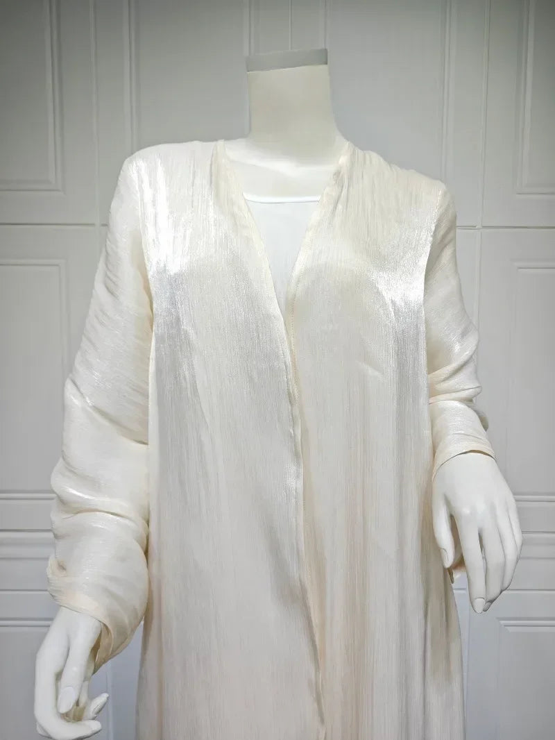 2025 Ramadan Satin muslimischen bescheidenen Kleid arabische Frauen öffnen Abaya Dubai islamische Langarm Cardigan Kleidung Truthahn schlichte Robe