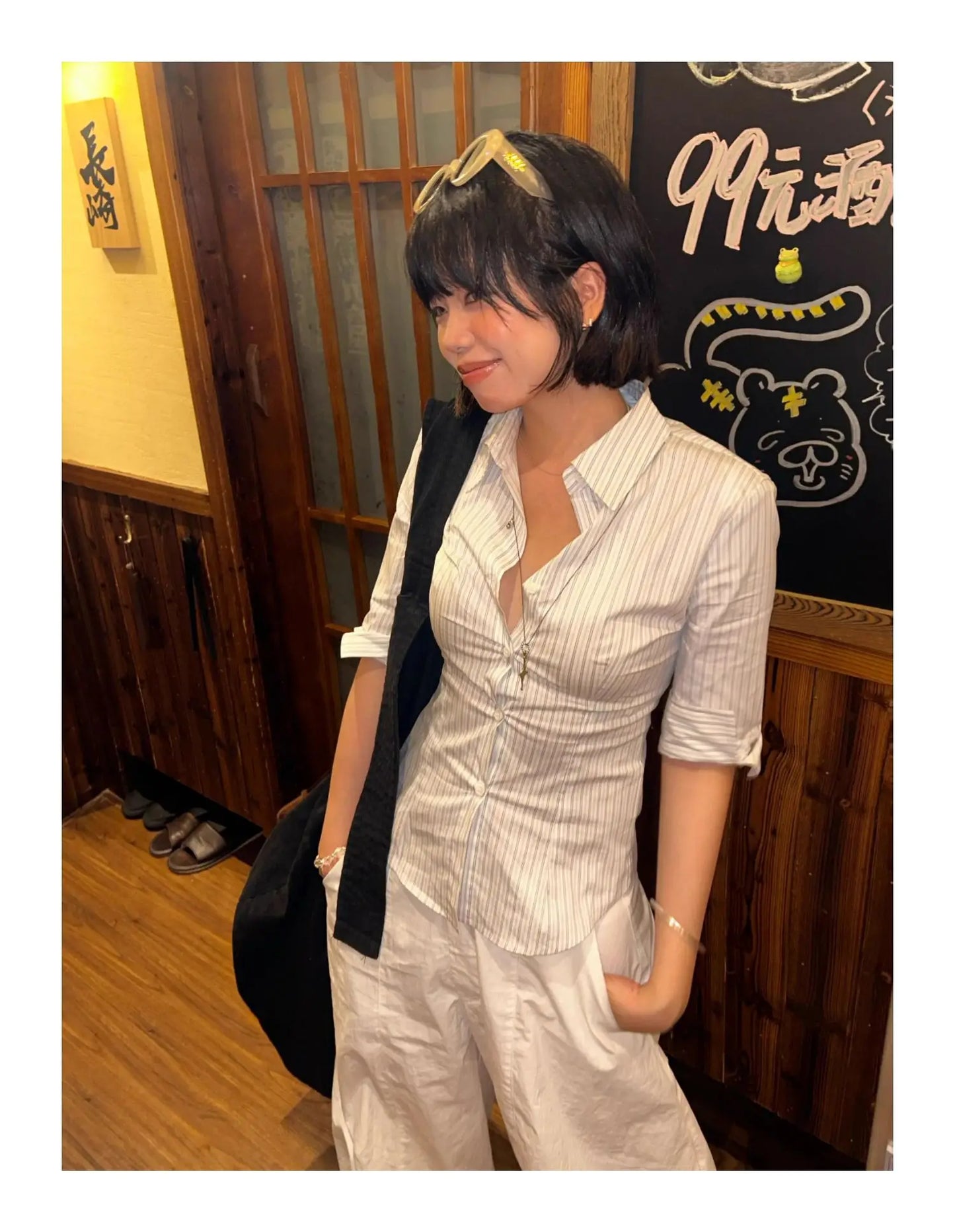 Genayooa Korean Style Casual Shirt Women Three Quarter Striped Shirts 2000s Japanese Y2k Vintage Tops Slim Retro Shirts Summer.