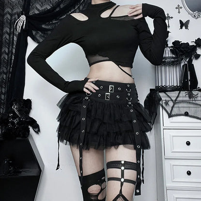 Goth Dark Ruffles Mall Gothic Mesh Splice Mini Skirts Grunge Aesthetic Harajuku Buckle A-line Skirt Punk High Waist Alt Bottoms