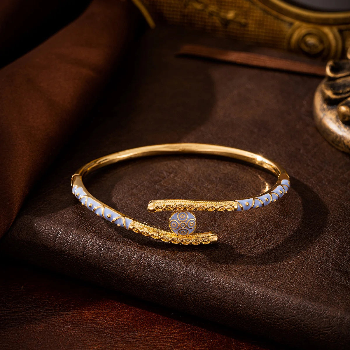 Ajojewel Golden Dubai Bride Jewelry Set Blue Enamel Bangle Ring Adjustable Bangles For Woman.