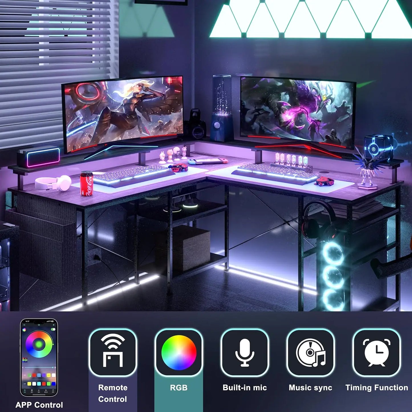 L-förmiger Schreibtisch Computertisch mit Regal, Steckdose, USB, LED RGB, Gaming Bürotisch, Grau/Schwarz