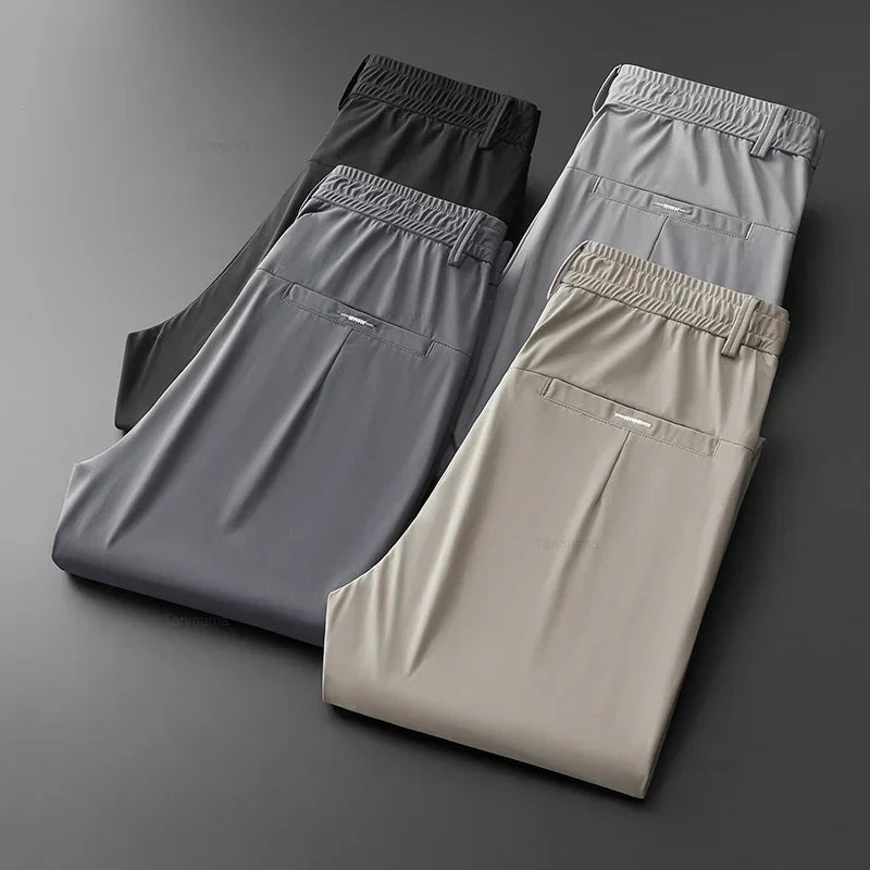 Ultra-thin Elastic Men's Casual Trousers Summer Quick-drying Ice Silk Slim Straight Business Solid Color Trousers Black Gray.