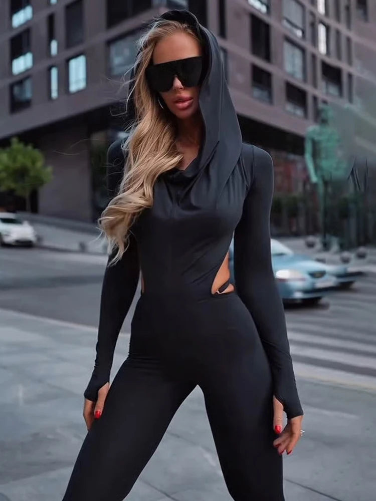 Weird Puss Hooded Backless Jumpsuit Woman Sexy Fitness Waistless Stretch Skinny Midnight  Activity Workout Streetwear Overalls.