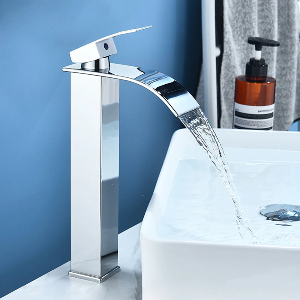 Chrome Bathroom Basin Faucet Waterfall Faucet Single Handle Wide Spout High Style Hot Cold Water Tap  for Bathroom