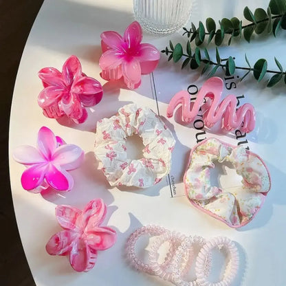 11pcs/Set Fashion Plumeria Hawaiian Hair Clamps Set Colorful Elastic Flowers Hair Clips Rubber Band Hair Rope Hair Accessories.
