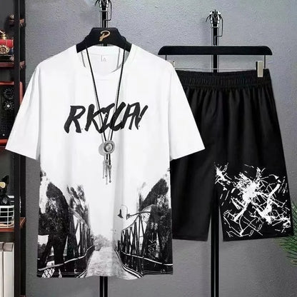 2024 Summer leisure Men set Manga Graffiti Tees T-shirt+shorts 2-piece Comfortable and breathable for men Top Print Tshirts sets.