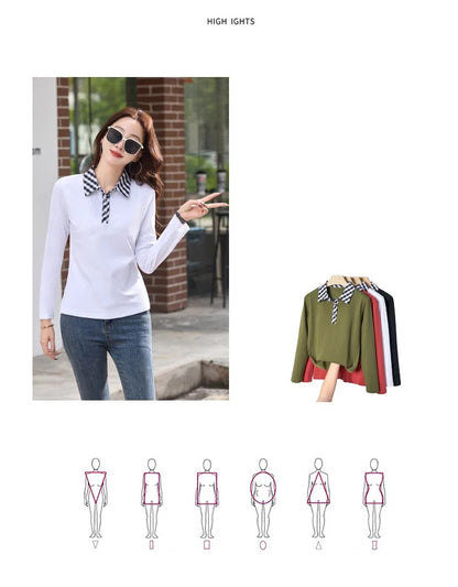 European station lapel long sleeved t-shirt women's new high-end fashion light luxury casual plus size spring and autumn top.