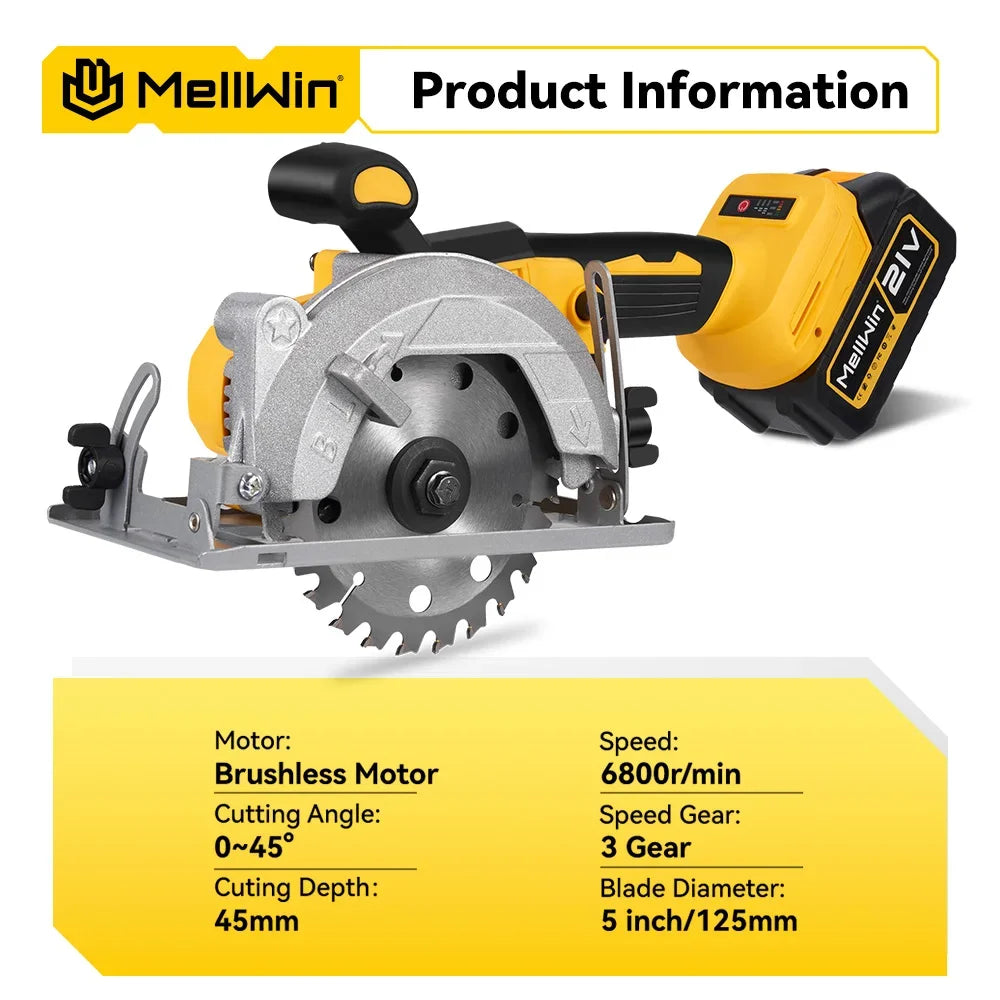 MELLWIN 5 Zoll 125 MM Bürstenlose Elektrische Kreissäge Handheld Multifunktionale Holz Metall Cutter Power Tool Für 21 V 18 V Batterie