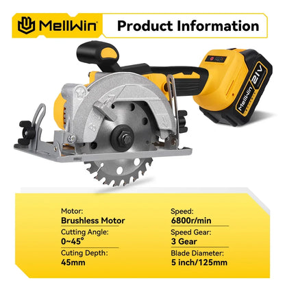 MELLWIN 5 Zoll 125 MM Bürstenlose Elektrische Kreissäge Handheld Multifunktionale Holz Metall Cutter Power Tool Für 21 V 18 V Batterie