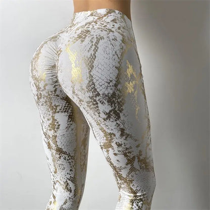 Snake Printed Yoga Pants Gilded Stretch Buttocks Sexy Casual Skinny Pants  For Women High Waist Elastic Fitness Sporty Leggings
