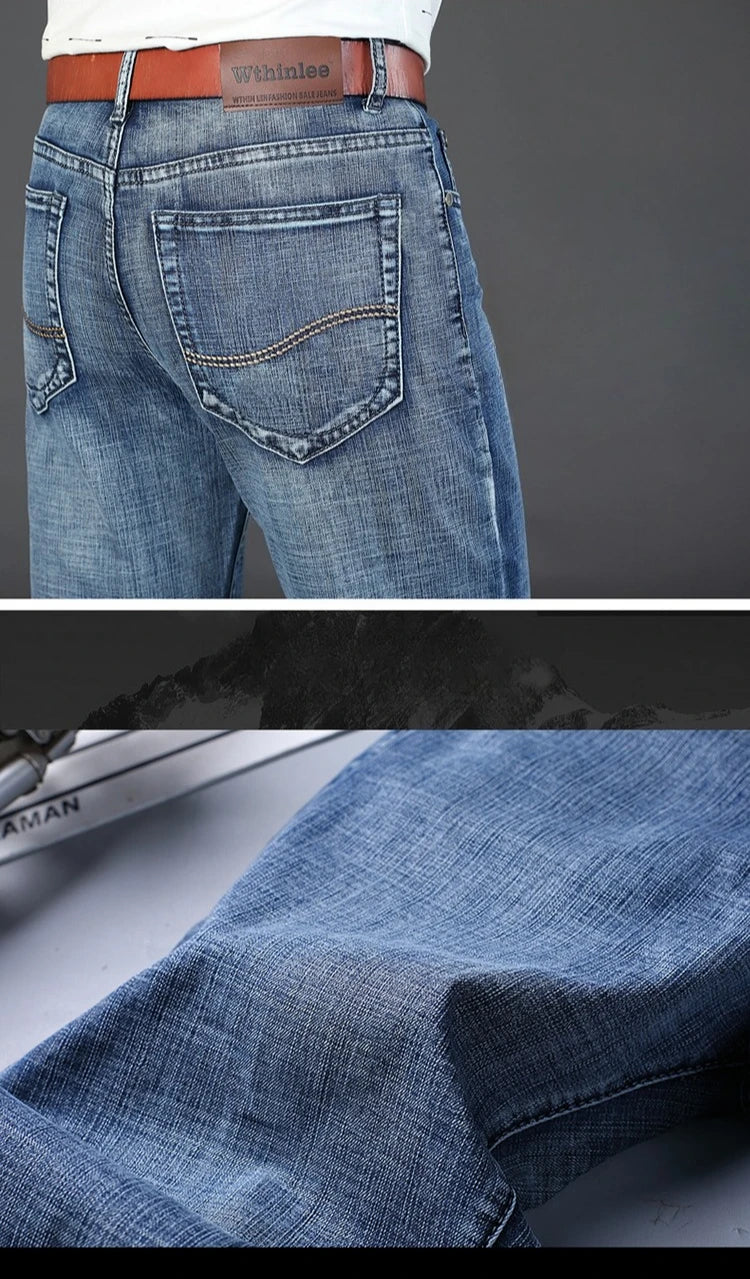 New Business Men's Jeans Casual Straight Stretch Fashion Classic Smoke Gray Blue Black Work Denim Trousers Male Brand Clothing.