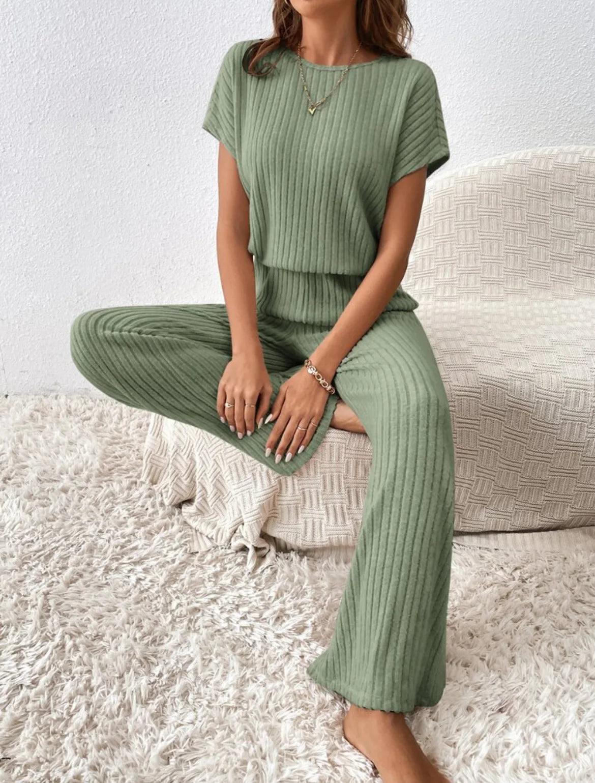 Two Piece Pant Sets Women Straight Pants Tops Pullover Short Sleeve Round Neck Spliced Top Solid Casual Streetwear Summer.