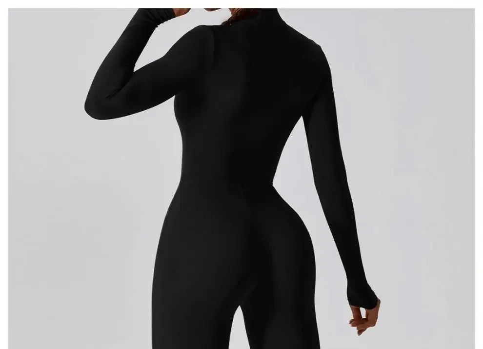 Fall New Style Long Sleeve Zipper Tight Butt Enhancing One Piece Fitness Pants Women Running Sports Training Yoga Black