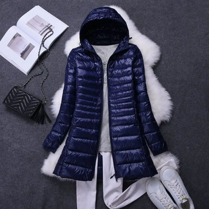 Damenmode, weiße Enten-Wodn-Pufferjacken mit Kapuze, 2025, Neuheiten, weiblich, X-lang, leicht, verstaubar, Daunenmäntel.