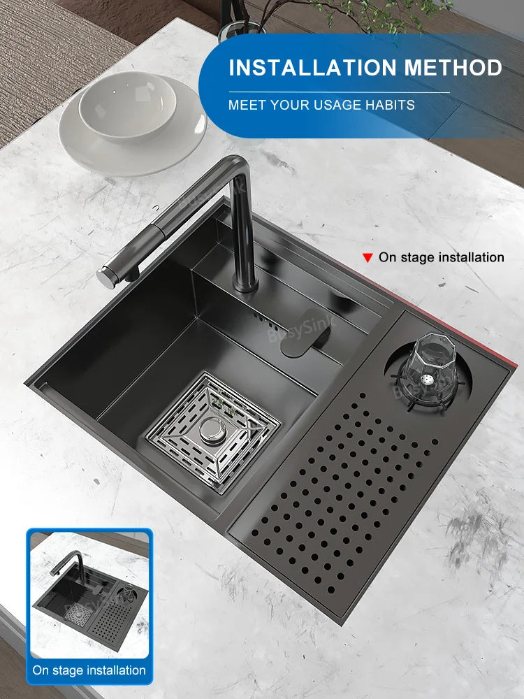 Hidden Cup Washer kitchen Sink Stainless Steel Small Bar Single Slot Washbasin Multifunctional With Cover Plate Dishwashing Pool