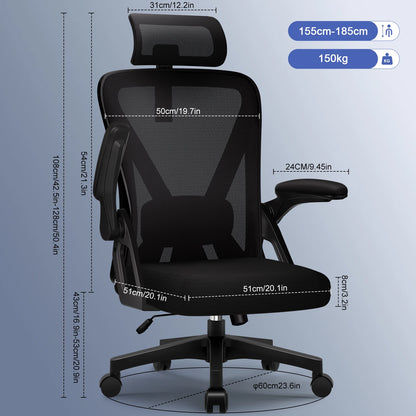 AUTHMIC Ergonomischer Bürostuhl – faltbare Armlehnen, verstellbare Rückenlehne, verstellbare Kopfstütze, verstellbare Lendenwirbelsäule, maximale Belastung 150 kg,