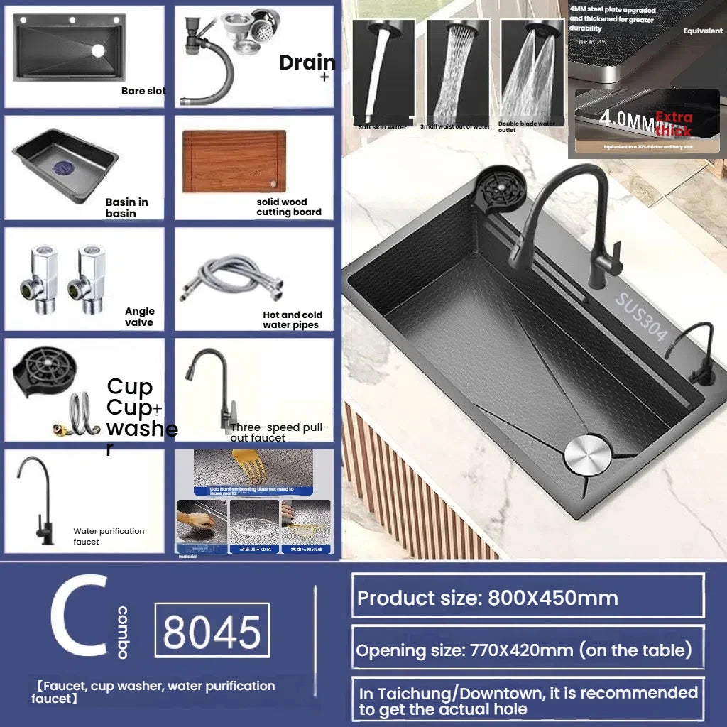 Gray Stainless Steel Kitchen Sink Large Single Slot Multifunctional Nano Honeycomb Embossed Wash Dish Basin Undermount Basin