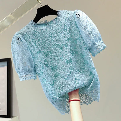 Loose Straight Korean Style Summer Top Pure Color Hooked Hollow out Ladies Lace Shirt Overhead Bubble Sleeve Women's Fashion.