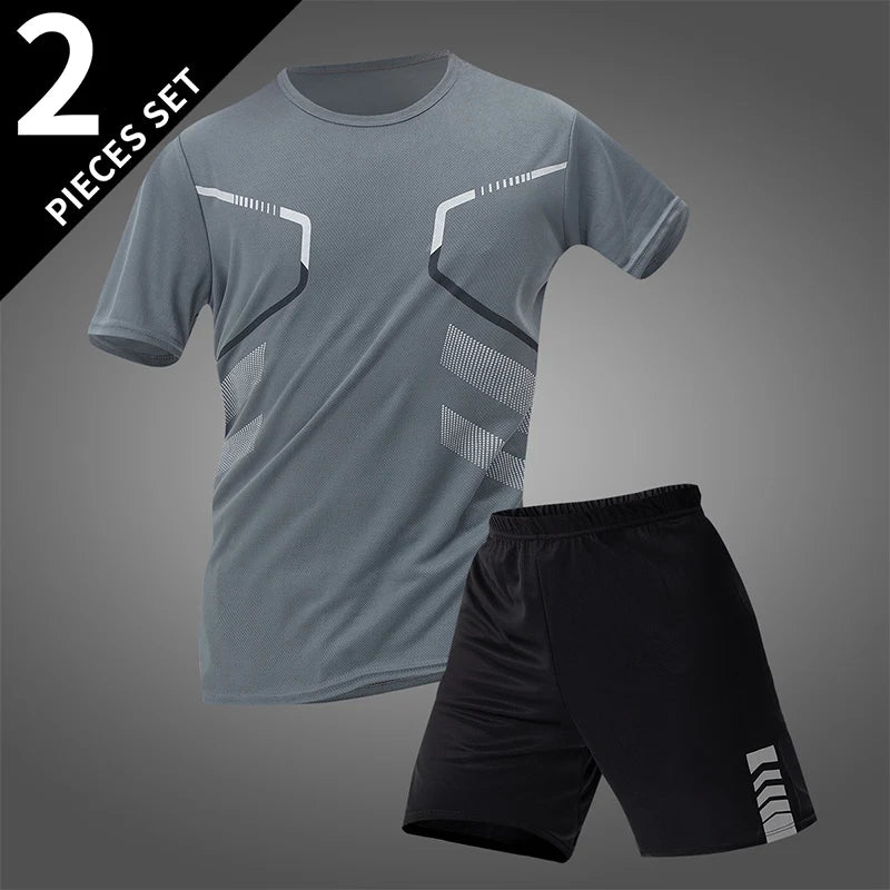 2-pcs Men's Quick-drying Exercise Black-and-white Suit Running Fitness Breathable Short Sleeve Comfortable Joker Playing Shorts