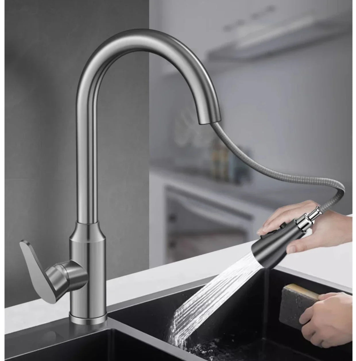 Kitchen Faucets Fine copper gun gray kitchen sink pull-out faucet household sink washbasin rotating hot and cold faucet
