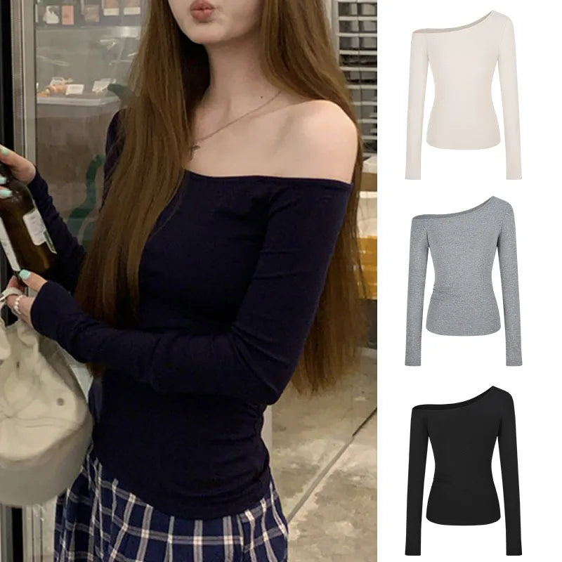 1pcs Spring Autumn Fashion Skew Collar Off-shoulder Long-sleeved T-shirts Women New Solid Slim Fit Sexy Tees Shirts Student Tops.