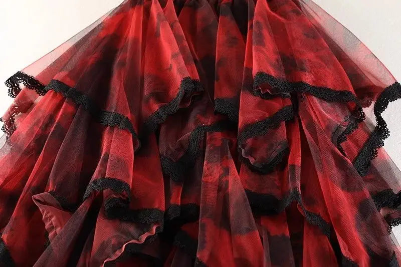Irregular Hem Lace Cake Mesh Midi Long Skirt High Elastic Waist Ball Gown Harajuku Gothic Cosplay Maxi Skirts Red Party Skater.