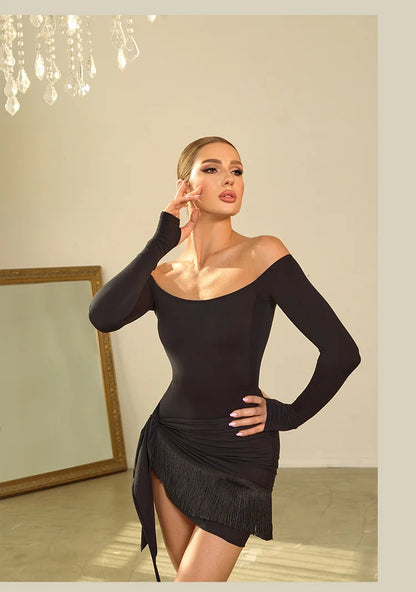 Off Shoulder Latin Dance Tops Fringe Skirt Women ZYM Latin Dance Clothes Competition Dress Club Rumba Samba Practice Wear V22221