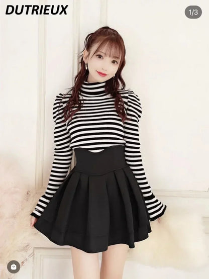 Japanese Lolita Skirts Ruffled Pleated Plaid Skirt Women 2025 Spring New Elastic High Waist Slimming Gentle Mini Skirt Culottes.