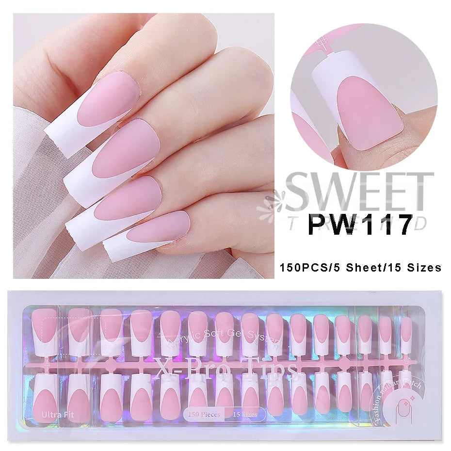 160pcs White Pink French Fake Press on Fake Nails Tips Short Square Full Cover Artificial Acrylic Fake Toenails For Nail Salons.