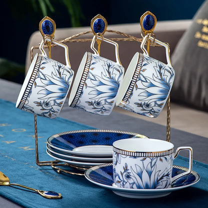 Elegant Cup and Saucer Set Bone China Sugar Jar Milk Jug Coffee Pot Set Cyan Magnolia Home English Mug Teaset Dessert Plate.