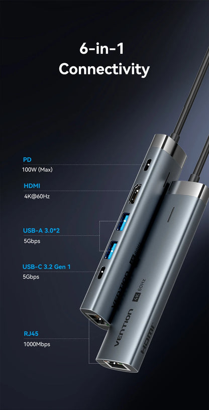 Vention USB C HUB Type C to HDMI 4K60Hz RJ45 PD 100W Adapter For Macbook iPad Pro Air M2 M1 Sumsang PC Accessories USB 3.0 HUB.