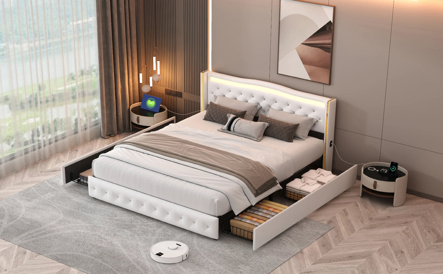 Anajqaqia gepolsterter Doppelbettrahmen 140 x 200 cm, 160 x 200 cm, mit Licht und Aufladung, weißes PU, ohne Matratze