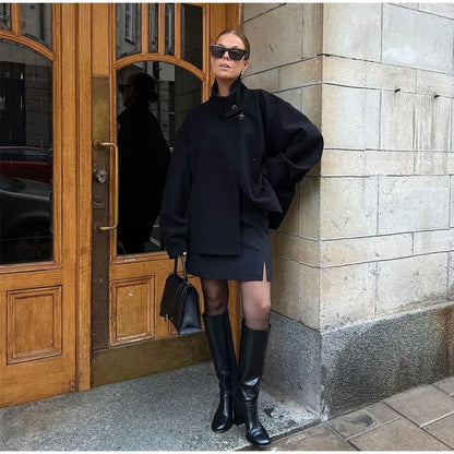 Straße Batwing Hülse Cape Gürtel Mäntel Frauen Lose Solide Stehkragen Einreiher Jacke 2025, Herbst Dame Alle-spiel chic Mantel