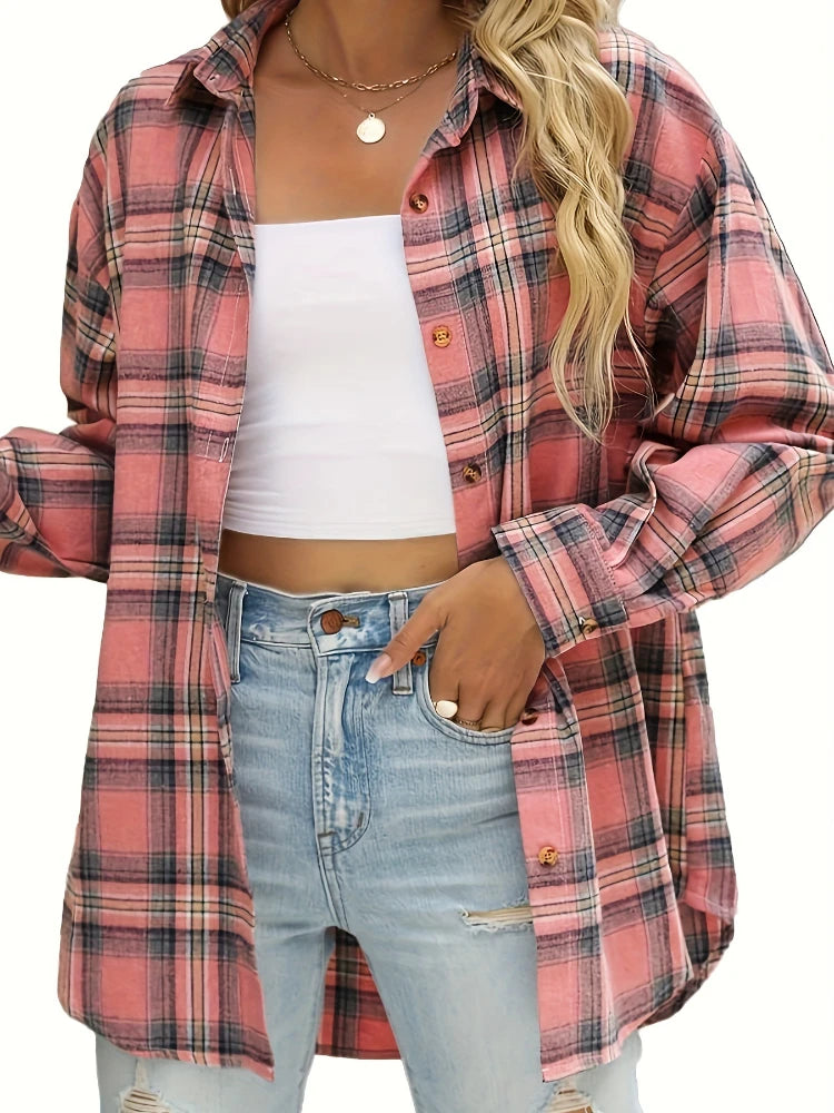 Plaid Shirt Women Autumn Long Sleeve Top Female Vintage Fashion Single Breasted Blouse Ladies Preppy Style Loose Check Shirts.