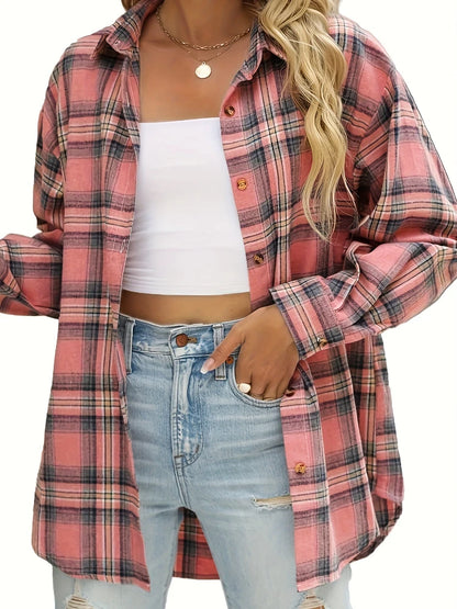 Plaid Shirt Women Autumn Long Sleeve Top Female Vintage Fashion Single Breasted Blouse Ladies Preppy Style Loose Check Shirts.