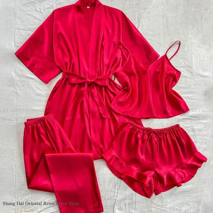 Frühling Sommer Neue Frauen Pyjama Vier Stück Anzug Nachtwäsche Seidige Satin Kimono Bademantel Hosen Anzüge Lose Hause Kleidung Loungewear.