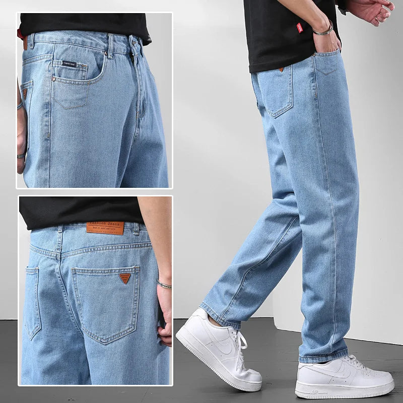 Light Blue American Retro Jeans Men Soft Loose Straight Cylinder High Street Workwear Casual Loose Legs Pants.
