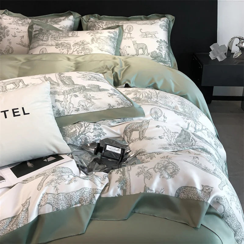 Soft Silky Skin Friendl natural Eucalyptus Fiber Lyocell Bedding Set Forest Plants Leopard Duvet Cover Set Bed Sheet Pillowcases.
