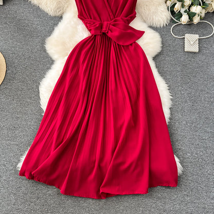 Französisch Vintage elegante Plissee Vneck Kleid A-Linie Mode Chiffon Frühling Herbst ärmellose Vestidos Frauen kleider