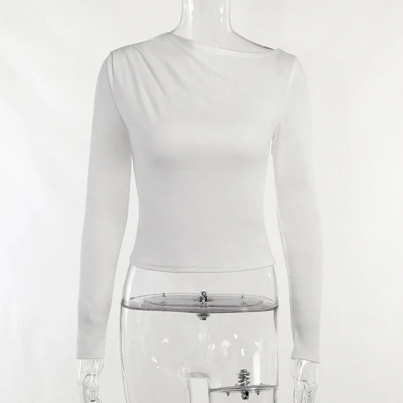 Langarm Top Weiße T-Shirts Frauen Basic Crop Top Herbst Pullover Solide Skew Neck T Shirt Streetwear Basic Schwarz Y2K Tees