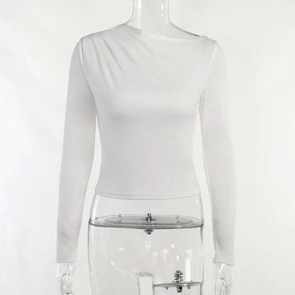 Langarm Top Weiße T-Shirts Frauen Basic Crop Top Herbst Pullover Solide Skew Neck T Shirt Streetwear Basic Schwarz Y2K Tees